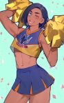  1boy abs alternate_costume bare_arms black_hair blue_eyes blue_skirt blush cheerleader commentary_request confetti crop_top crossdressing dark_skin dark_skinned_male earrings holding holding_pom_poms jewelry looking_at_viewer male_focus miniskirt mj_(11220318) navel one_eye_closed open_mouth pleated_skirt pokemon pokemon_(game) pokemon_swsh pom_poms raihan_(pokemon) skirt sleeveless smile solo teeth tongue yellow_pom_poms 