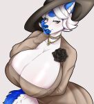  5_fingers absurd_res alcina_dimitrescu_(resident_evil) anthro big_breasts black_rose blue_body blue_fur blue_lips blue_nose blush breasts canid canine canis capcom clothed clothing cosplay curvy_figure darbo domestic_dog dress exrabbits female fingers flower fur hair hat headgear headwear hi_res hourglass_figure huge_breasts husky hyper hyper_breasts jewelry lady_dimitrescu_(resident_evil) lips looking_at_viewer mammal necklace nordic_sled_dog plant resident_evil rose_(flower) silver_eyes solo spitz video_games white_body white_fur white_hair 