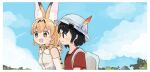  2girls animal_ears backpack bag bare_shoulders black_hair blonde_hair blue_eyes bow bowtie commentary_request elbow_gloves extra_ears eyebrows_visible_through_hair gloves hat_feather helmet kaban_(kemono_friends) kemono_friends korean_commentary multiple_girls pith_helmet print_gloves print_neckwear red_shirt san_sami serval_(kemono_friends) serval_ears serval_girl serval_print shirt short_hair short_sleeves sleeveless t-shirt white_shirt yellow_eyes 