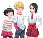  1boy 2girls artist_name benteja black_eyes black_hair black_pants blonde_hair blue_eyes blue_hair boruto:_naruto_next_generations boruto:_naruto_the_movie glasses hand_on_hip hands_in_pockets highres multiple_girls naruto naruto_(series) necktie pants pink_skirt red-framed_eyewear red_skirt shirt skirt uchiha_sarada uzumaki_boruto uzumaki_himawari watermark whisker_markings whiskers white_shirt 