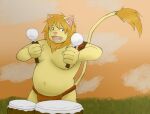  2007 anthro bottomwear clothing drum felid humanoid_hands lion loincloth male mammal moobs musical_instrument nekokun28 outside overweight overweight_male pantherine percussion_instrument solo 