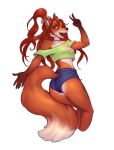  anthro breasts brown_hair butt_pose canid canine clothed clothing eyebrows eyelashes female fox fur hair hi_res mammal monian open_mouth orange_body orange_fur pose solo teeth tongue 