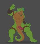  2021 3_toes 5_fingers abs action_pose anthro claws clothed clothing colored erection feet fingers genitals green_body grey_background hi_res lizardman long_tail looking_aside male multicolored_body muscular open_mouth orange_body penis pose reptile scalie simple_background slit solo standing teeth toes tongue wolfarion 