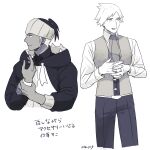  2boys belt black_hoodie closed_mouth collared_shirt commentary_request earrings eyelashes greyscale gym_leader hand_on_own_wrist hands_together hood hood_down hoodie jewelry male_focus monochrome multiple_boys necktie pants pokemon pokemon_(game) pokemon_rse pokemon_swsh raihan_(pokemon) ring shirt signature steven_stone translation_request vest white_shirt y_(036_yng) 