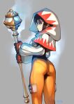 1girl artist_name ass black_eyes bodysuit brown_hair commentary english_commentary final_fantasy final_fantasy_ix garnet_til_alexandros_xvii gloves grey_background highres holding holding_staff hood looking_away optionaltypo orange_bodysuit short_hair simple_background solo staff standing white_mage 