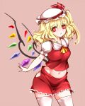  1girl :o ascot bangs blonde_hair breasts bright_pupils contrapposto cowboy_shot crystal eyebrows_visible_through_hair flandre_scarlet groin hair_between_eyes hat hat_ribbon highres hip_vent looking_at_viewer medium_breasts medium_hair midriff mob_cap navel one_side_up petticoat pink_background puffy_short_sleeves puffy_sleeves raptor7 red_eyes red_ribbon red_skirt red_vest ribbon short_sleeves simple_background skirt solo thighhighs touhou vest wavy_hair white_headwear white_legwear wings yellow_neckwear 