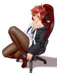  1girl absurdres blush chair collarbone commentary cosplay gaming_chair green_eyes highres hololive hood hoodie jewelry kairunoburogu looking_at_viewer mole mole_under_mouth ookami_mio ookami_mio_(cosplay) original pantyhose red_hair ring sitting solo toes 
