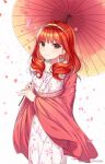  1girl alternate_costume blurry celica_(fire_emblem) cherry_blossoms depth_of_field earrings fire_emblem fire_emblem_echoes:_shadows_of_valentia flower fur_collar highres holding holding_umbrella japanese_clothes jewelry kimono long_hair long_sleeves looking_at_viewer obi oil-paper_umbrella parasol petals red_eyes red_hair sash smile snowsakurachan solo twitter_username umbrella white_background white_kimono wide_sleeves 