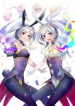  2girls :d animal_ears bare_shoulders black_gloves black_legwear blush breasts bunny_ears bunny_tail cleavage dark_persona detached_collar dual_persona easter easter_egg egg fake_animal_ears fake_tail fire_emblem fire_emblem_awakening fire_emblem_heroes flower gloves grima_(fire_emblem) hair_flower hair_ornament happy_easter highres holding holding_egg ichino_tomizuki leotard looking_at_viewer medium_breasts multiple_girls open_mouth pantyhose red_eyes robin_(fire_emblem) robin_(fire_emblem)_(female) silver_hair simple_background smile tail twintails white_background white_gloves yellow_eyes 