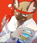  2021 5_fingers accessory aggressive_retsuko anon_1015 anthro beverage blush brown_body brown_fur clothing fingers fur grey_eyes haida headband holding_beverage holding_object humanoid_hands hyaenid male mammal multicolored_body multicolored_fur red_background red_headband sanrio shirt signature simple_background solo spots spotted_body spotted_fur spotted_hyena topwear two_tone_body two_tone_fur white_clothing white_shirt white_topwear 