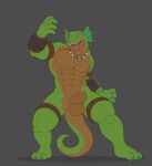  2021 3_toes 5_fingers abs action_pose anthro balls big_balls big_penis claws clothed clothing colored feet fingers foreskin genitals green_body grey_background hi_res humanoid_genitalia humanoid_penis lizardman long_tail looking_aside male multicolored_body muscular non_erect open_mouth orange_body penis pose reptile scalie simple_background solo standing teeth toes tongue uncut wolfarion 