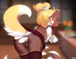  animal_crossing anthro anus bell beverage butt canid canine canis clothing coffee coffee_mug cup domestic_dog eyewear female genitals glasses holding_object isabelle_(animal_crossing) leaning leaning_forward legwear mammal nintendo open_mouth pantyhose paper pussy rear_view ripped_pantyhose shirt solo standing thigh_highs topwear tsampikos vest video_games 