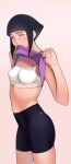  1girl absurdres bangs bike_shorts black_hair black_shorts blunt_bangs blush bra breasts camisole camisole_lift commentary covered_nipples english_commentary highres hyuuga_hinata jnsdh lifted_by_self light_purple_eyes mouth_hold naruto_(series) nose_blush purple_camisole shorts small_breasts solo sweatdrop training_bra underwear white_bra 