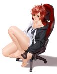  1girl absurdres barefoot chair commentary feet gaming_chair green_eyes highres jewelry kairunoburogu looking_at_viewer looking_up original red_hair ring shadow short_hair simple_background sitting smile solo thighs toes white_background 
