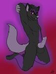  animal_genitalia anthro balls black_body black_fur canid canine canis claws derjinzo erection fur genitals hair hi_res looking_at_viewer male mammal mishy nude penis purple_body purple_eyes purple_fur simple_background smile solo wolf 