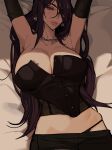  1girl absurdres armpits arms_up bare_shoulders bed black_hair black_panties breasts cleavage commentary earrings ennuigrl highres jewelry large_breasts long_hair lying midriff navel on_back original panties red_eyes solo thick_lips underwear 