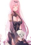  1girl artist_name black_nails breasts cleavage cloak closed_eyes closed_mouth cowboy_shot eyebrows_visible_through_hair highres holding hololive hololive_english large_breasts long_hair mori_calliope pink_hair shoulder_spikes skull smile solo spikes umireki virtual_youtuber watermark 