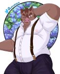  2021 anthro bottomwear brown_body brown_fur clothing flower fur hermann_(knights_college) hi_res kemono knights_college male mammal one_eye_closed overweight overweight_male pants plant redmistwolf1 shirt solo suid suina sus_(pig) suspenders topwear video_games visual_novel wild_boar wink 