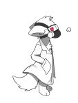  3:4 anthro breath canid canine canis changed_(video_game) clothing coat dr._k_(changed) fur gas_mask hands_in_pockets lab_coat lankaowo looking_aside male mammal mask pockets red_eyes simple_background solo topwear white_background white_body white_fur wolf 