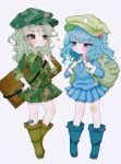  2girls :&lt; :t absurdres annoyed aqua_hair arm_up arms_up backpack bag bandaid bandaid_on_leg blue_footwear blue_hair blue_shirt blue_skirt blush boots box brown_footwear camouflage camouflage_headwear camouflage_shirt camouflage_skirt chibi chromatic_aberration commentary_request contrapposto eye_contact eyebrows_visible_through_hair flat_cap folded_leg full_body glaring green_eyes green_headwear grey_background hair_bobbles hair_ornament hand_on_hip hat highres holding_strap kawashiro_nitori key knee_boots lightning_glare long_sleeves looking_at_another medium_hair miniskirt multiple_girls partial_commentary pleated_skirt renakobonb shirt short_hair simple_background skirt sleeves_past_elbows standing touhou twitter_username two_side_up yamashiro_takane 