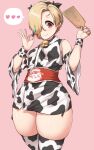  1girl absurdres aki_(sangetusei) animal_print bell blush breasts cow_print detached_sleeves earrings hair_over_one_eye highres idolmaster idolmaster_cinderella_girls japanese_clothes jewelry kimono long_hair neck_bell paddle pink_background plump red_eyes shirasaka_koume short_hair simple_background small_breasts smile solo thighhighs thighs wristband 