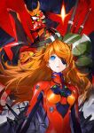  1girl absurdres blue_eyes bodysuit breasts eva_02 evangelion:_3.0+1.0_thrice_upon_a_time extra_eyes eyepatch green_eyes highres interface_headset long_hair mecha multicolored multicolored_bodysuit multicolored_clothes neon_genesis_evangelion open_mouth orange_hair panko_(drive_co) pilot_suit plugsuit rebuild_of_evangelion red_bodysuit shikinami_asuka_langley small_breasts solo souryuu_asuka_langley upper_body 