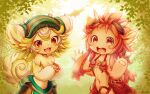  2girls :d absurdres animal_ears artist_name blush_stickers body_fur breasts claws commentary_request furry goggles goggles_on_head green_hair hand_up highres huge_filesize long_hair looking_at_viewer made_in_abyss mitty_(made_in_abyss) mitty_(made_in_abyss)_(furry) multicolored_hair multiple_girls navel nina_(maurururoa) open_mouth prushka red_eyes red_hair short_hair small_breasts smile two-tone_hair whiskers white_hair 