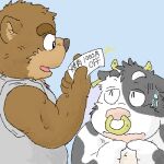  1:1 2006 anthro black_body black_nose bovid bovine brown_body brown_fur cattle clothing digital_media_(artwork) duo eyes_closed fur japanese_text kemono low_res male mammal oekaki overweight overweight_male shirt text topwear unknown_artist ursid white_body 