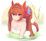  1girl animal_ears bare_shoulders bathing bent_over blush bow breasts brown_hair chan_co cleavage collarbone daiwa_scarlet_(umamusume) eyebrows_visible_through_hair fang hair_between_eyes hair_bow hair_intakes highres horse_ears horse_girl horse_tail large_breasts leaning_forward long_hair looking_at_viewer naked_towel onsen partially_submerged red_eyes smile solo steam tail tiara towel twintails umamusume very_long_hair water water_drop wet wet_hair white_towel 