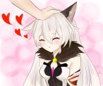  1girl animal_ear_fluff animal_ears bangs bare_shoulders bell blush breasts cat_ears closed_eyes closed_mouth detached_sleeves dress fur_trim hair_between_eyes heart highres honkai_(series) honkai_impact_3rd kiana_kaslana_(herrscher_of_the_void) long_hair nitro_artz petting signature solo_focus 