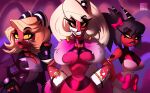  2021 absurd_res big_breasts black_hair blitzo_(vivzmind) blonde_hair breasts brown_hair cleavage clothed clothing crossgender demon demon_humanoid djpuppeh female group hair helluva_boss hi_res humanoid imp looking_at_viewer millie_(vivzmind) moxxie_(vivzmind) red_body red_eyes teeth yellow_sclera 