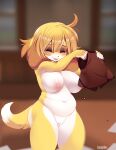  animal_crossing anthro belly big_breasts blush breasts canid canine canis clothing domestic_dog dripping eyebrows eyes_closed female floppy_ears genitals happy hi_res isabelle_(animal_crossing) mammal nintendo nipples nude paper pussy slightly_chubby smile solo standing tongue tongue_out topwear tsampikos vest video_games wet wet_clothing 