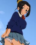  1girl absurdres black_hair blue_sky blue_sweater bow bowtie breasts dr._gero_(staedtler_0508) ebihara_naho from_below hair_bun highres idolmaster idolmaster_cinderella_girls idolmaster_cinderella_girls_starlight_stage large_breasts looking_at_viewer miniskirt panties pantyshot polka_dot ponytail red_bow red_neckwear school_uniform scrunchie skirt sky sweater underwear white_panties wind wind_lift 