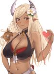  1girl bare_shoulders blonde_hair blush breasts brown_eyes cleavage closed_mouth eyebrows_visible_through_hair feet_out_of_frame flower granblue_fantasy hair_flower hair_ornament hand_on_back heart holding holding_heart horns kuvira_(granblue_fantasy) long_hair looking_at_viewer medium_breasts navel pointy_ears smile solo standing swimsuit swimwear wejil white_background 