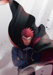  1boy black_cape blue_jacket blurry cape closed_mouth commentary_request crossed_arms fingernails floating_cape jacket lance_(pokemon) light_smile long_sleeves male_focus pokemon pokemon_(game) pokemon_hgss popped_collar red_hair short_hair sideways_glance solo spiked_hair y_(036_yng) 