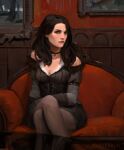  1girl black_hair breasts choker cleavage crossed_legs dress gloves kamikazuh looking_at_viewer medium_breasts pale_skin pantyhose red_lips short_dress sitting solo the_witcher the_witcher_3 wavy_hair yennefer 