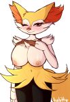 anthro asakitty blush braixen breasts butt canid canine clothed clothing digital_media_(artwork) female flashing fur genitals hi_res inner_ear_fluff looking_at_viewer mammal nintendo nipples nude one_eye_closed partially_clothed pok&eacute;mon pok&eacute;mon_(species) pussy simple_background solo tuft undressing video_games wink yellow_body yellow_fur 