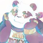  1:1 2021 alp_(tas) anthro clothing cute_fangs fur giant_panda hi_res hijirinoyuta humanoid_hands kemono male mammal overweight overweight_male portrait purple_body purple_fur shirt simple_background solo text text_on_clothing text_on_shirt text_on_topwear tokyo_afterschool_summoners topwear ursid video_games white_background white_body white_fur 