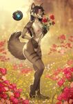 abs anthro areola big_breasts breasts butt canid canine canis claws cleavage clothed clothing destiny_(video_game) destiny_2 deymos digital_media_(artwork) female fingers flower flower_field fox fur genitals ghost_(destiny) grass grey_fox hair hi_res holding_flower holding_object huge_breasts kyla_gray_(zardoseus) long_hair mammal muscular muscular_anthro nipples nude outside plant purple_eyes rose_(flower) smile solo urocyon video_games zardoseus 