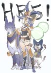  1girl animal_hood armor canyne cat_hood closed_eyes dog fangs felyne gloves highres hood lingzi looking_at_viewer monogatari_(series) monster_hunter_(series) monster_hunter_rise navel open_mouth short_hair shorts simple_background smile thighhighs white_hair 