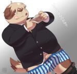 2021 anthro brown_body brown_fur bulge canid canine canis clothing domestic_dog fur genitals humanoid_hands japanese_text kemono male mammal money overweight overweight_male penis penta002 shirt solo text tongue tongue_out topwear underwear 
