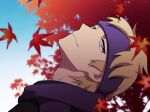  1boy autumn_leaves black_sweater blonde_hair closed_mouth commentary_request from_side gym_leader head_back looking_at_viewer male_focus morty_(pokemon) pokemon pokemon_(game) pokemon_hgss purple_eyes purple_headband purple_scarf scarf short_hair smile solo sweater y_(036_yng) 