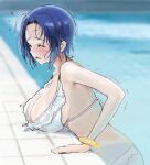  1girl ahoge bangs bikini blue_hair blurry blurry_background blush bracelet breast_rest breasts cleavage closed_eyes commentary cowboy_shot from_side highres idolmaster idolmaster_(classic) jewelry large_breasts madatohi miura_azusa necklace open_mouth parted_bangs partially_submerged pool short_hair solo sweatdrop swimsuit trembling wet white_bikini 