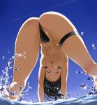  1girl aircraft airplane all_fours ass bent_over black_hair black_panties blue_eyes blue_sky breasts cameltoe condensation_trail jet looking_at_viewer open_clothes original panties pasties shiny shiny_hair sky solo splashing summer tsukino_wagamo underwear water 