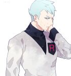  1boy archer_(pokemon) bangs closed_mouth commentary_request green_eyes green_hair grey_jacket hand_up jacket long_sleeves male_focus pokemon pokemon_(game) pokemon_hgss short_hair simple_background solo team_rocket team_rocket_uniform undershirt upper_body v-neck wet white_background y_(036_yng) 