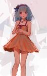  1girl abstract absurdres aqua_hair breasts cleavage cropped_legs dress hairband hands_together highres jewelry light_blush looking_at_viewer necklace open_mouth orange_dress original pink_eyes reddizen short_hair sleeveless small_breasts smile standing white_background 