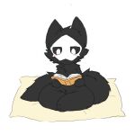  1:1 ambiguous_gender anthro black_body black_fur blush book canid canine canis changed_(video_game) chano fur holding_object mammal mask pillow puro_(changed) reading reading_book simple_background sitting solo white_background white_eyes wolf 