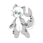  1:1 4_fingers ambiguous_gender anthro blue_eyes blush changed_(video_game) chano fin fingers fish grey_body hair marine shark shark_tail simple_background solo stripes the_shark_(changed) white_background white_body white_hair 