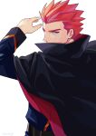  1boy belt black_cape blue_jacket cape commentary_request hand_up jacket lance_(pokemon) long_sleeves looking_back male_focus pokemon pokemon_(game) pokemon_hgss popped_collar red_hair short_hair simple_background solo spiked_hair upper_body white_background y_(036_yng) 