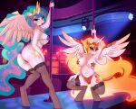  2021 absurd_res anthro breasts butt clothing crouching cutie_mark dancing daybreaker_(mlp) digital_media_(artwork) duo equid equine eyebrows eyelashes female fingers friendship_is_magic hasbro hi_res horn inside legwear looking_at_viewer mammal my_little_pony navel open_mouth pole pole_dancing princess_celestia_(mlp) text winged_unicorn wings xjenn9 